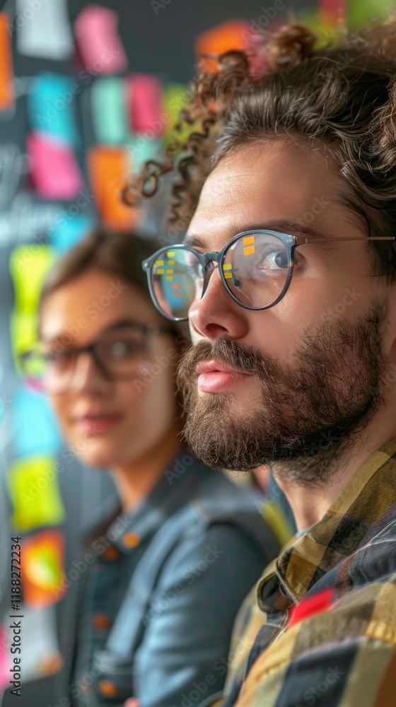Aufkleber engaging teamwork during a brainstorming session in a colorful office environment