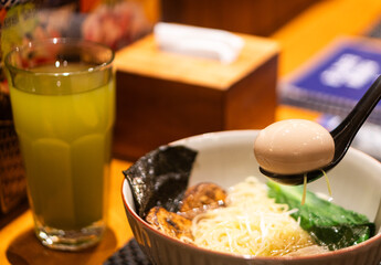 Ramen Bowl with Soft-Boiled Egg and Green Tea