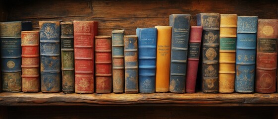 A collection of vintage books displayed on a wooden shelf, showcasing various colors and textures, evoking a sense of nostalgia and literary charm.