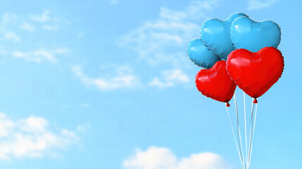 Fototapeta premium Colorful heart shaped balloons float against bright blue sky, evoking joy and celebration