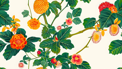 Illustration - Vibrant Orange, Red, Yellow Flowers, Green Leaves Botanical Pattern