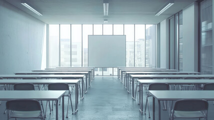 Fototapeta premium A spacious classroom with neatly arranged desks, a large whiteboard at the front, and big windows letting in natural light—perfect for learning environments.