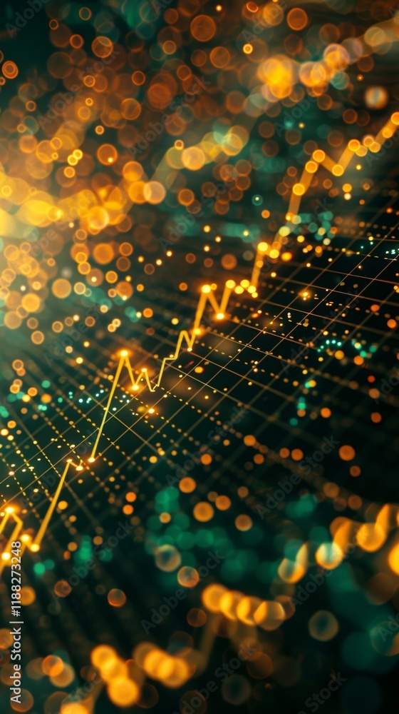 Poster financial growth represented through a vibrant graph with glowing lights and intricate patterns at n