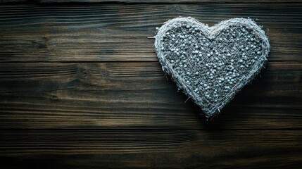 Soft textured heart sits on rustic wooden surface, symbolizing l