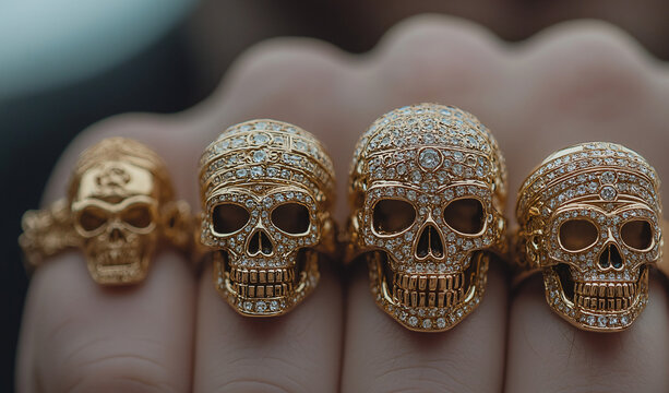 A close-up of a man's finger with an ornate diamond and golden skull ring  - Powered by Adobe