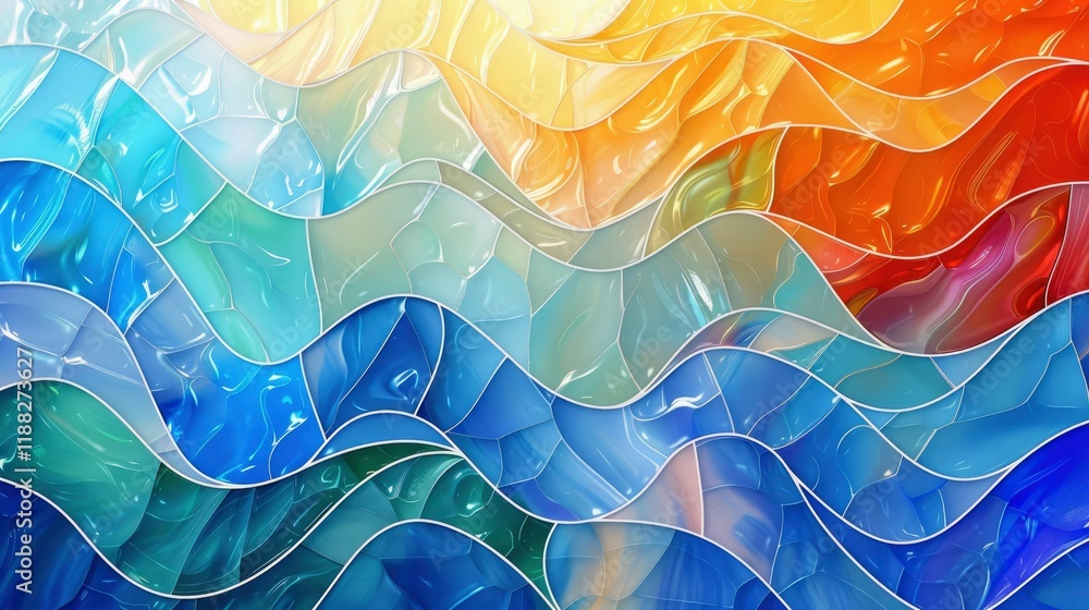 Poster abstract background with colorful glass waves. 3d rendering - illustration