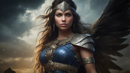 Obraz premium A powerful, mythical female warrior standing amidst ancient ruins