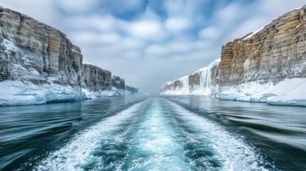 Boat wake through icy Arctic fjord, cliffs, cloudy sky.