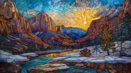 Mosaic of a mountain landscape with a lake in the foreground