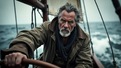Obraz premium A sailor navigating with his boat on a stormy sea