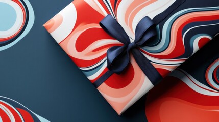 Fototapeta premium Abstract swirl gift wrap in red, white, and blue, perfect for festive occasions, adding a touch of elegance and creativity to presents.