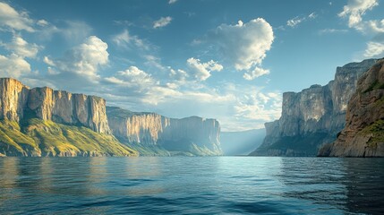 Calm lake amidst towering cliffs at sunset, serene canyon background.