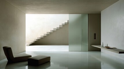 A sleek modern entryway with a frosted glass door, smooth white walls, and polished flooring.