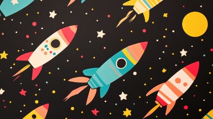Playful Rocket and Star Gift Wrap, vibrant design featuring small rockets and stars on a bold black background, perfect for festive occasions