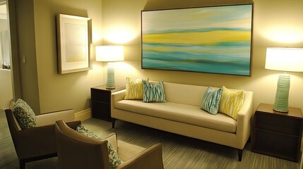 A sophisticated lounge area featuring abstract green and yellow wall art and a plush sofa.
