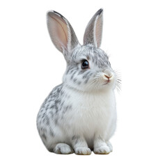 Obraz premium Spotted Rabbit Serenity, a calm rabbit with unique spots, centered against a clean white background, embodying tranquility and charm