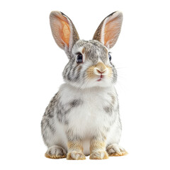 Obraz premium Spotted Rabbit Serenity, a calm rabbit with distinctive spots sits centered against a crisp white background, exuding tranquility and charm