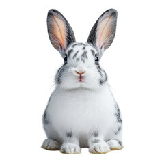 Fototapeta premium Spotted Rabbit Serenity, a calm rabbit with distinctive spots, centered against a clean white backdrop, evoking tranquility and charm.