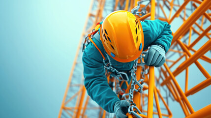 Safety aspects, A detailed 3D illustration of a person wearing fall protective gear, showcasing high fidelity in design and quality.