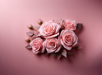 A delicate arrangement of blush pink roses and buds, artfully placed on a matching pink background.  The soft lighting enhances their velvety petals.