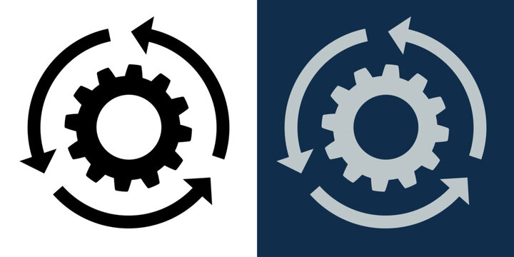 Moving gears with circular arrows. Mechanism. Industrial cycle concept. Rotating gear wheel or gear icon.