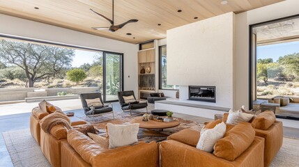 Fototapeta premium A spacious living room with an open-plan design, neutral tones, and floor-to-ceiling windows.