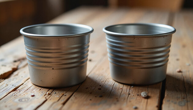 Empty tin cups on rustic wooden table, symbol of hunger and poverty, World Hunger Day, with copy space