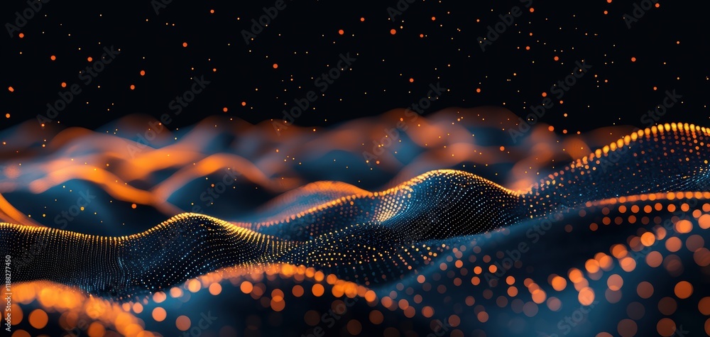 Poster a mesmerizing visualization of undulating waves made of vibrant orange and blue dots against a dark 