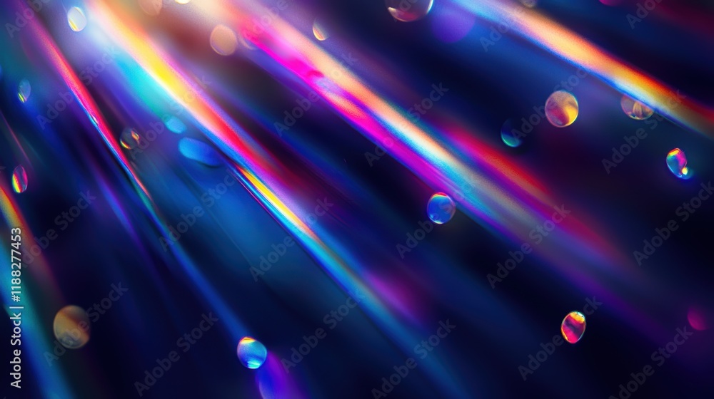 Poster a vibrant display of colorful light rays amidst droplets, creating a mesmerizing, abstract effect ag