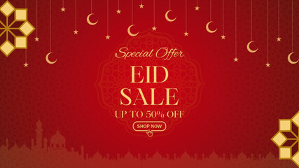 Naklejka premium Eid Sale Banner, Islamic Ornament Lantern, moon, star and mosque red Background