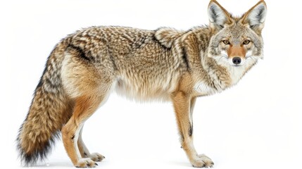 Obraz premium Realistic coyote image standing alert with versatile background for design integration