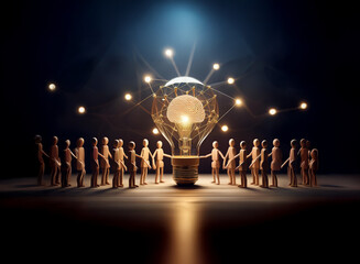 Illuminated lightbulb, radiating energy, surrounded by a circle of interconnected wooden figures, symbolizing collaboration and bright ideas in a dark environment.