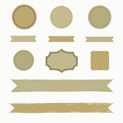A collection of vintage-style badges, labels, and ribbons in muted earthy tones.