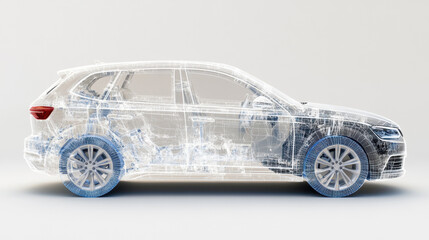 Safety aspects, 3D model of a car with deployed airbags, showcasing high fidelity details for automotive applications and visualizations.