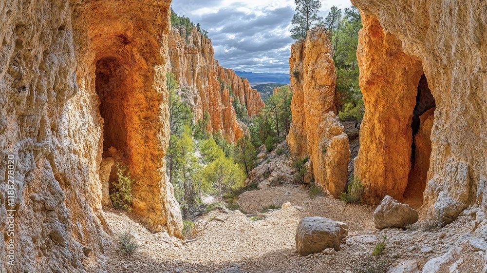 Sticker Cave view of canyon valley with hoodoos under cloudy sky.