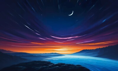 Fototapeta premium Beautiful and Peaceful Nature Scenery Illustration Landscape Countryside Tranquil Vibrant and Colorful