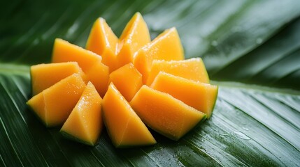 A sliced mango with the pieces fanned out like a flower, placed on a tropical leaf 