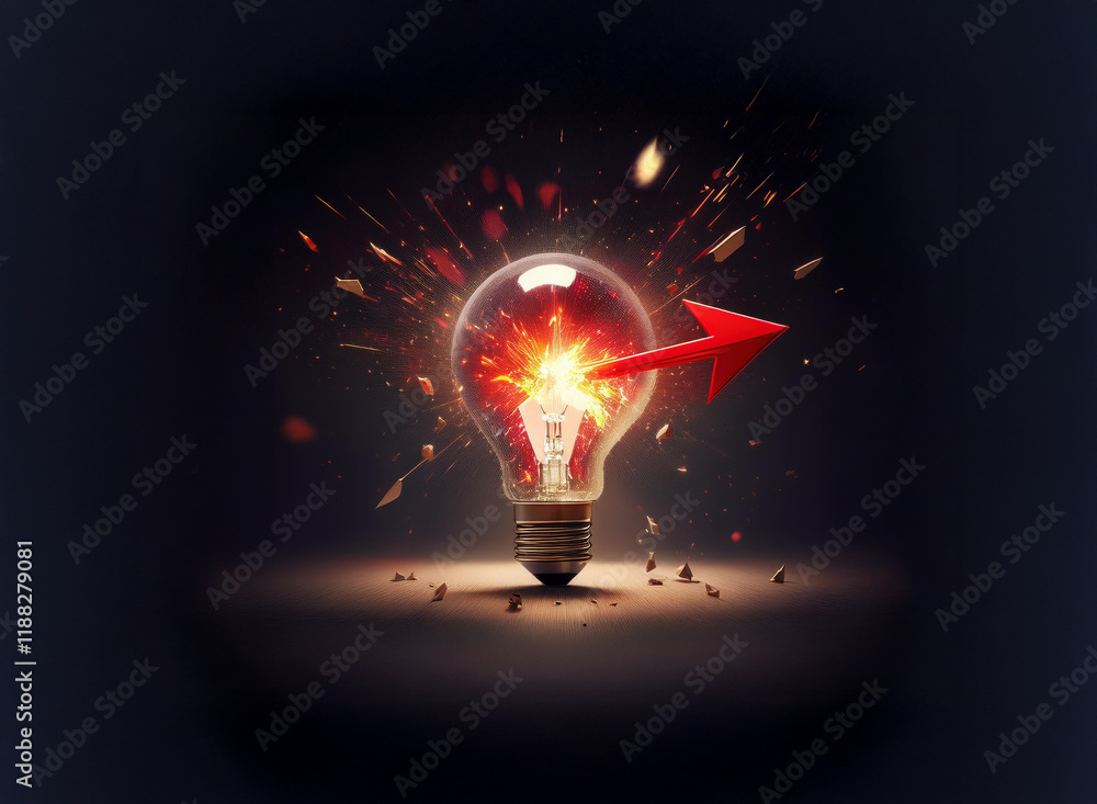 Poster a lightbulb explodes with fiery energy, a red arrow piercing its core, symbolizing a breakthrough id