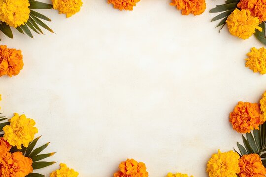 Bright marigold flowers frame blank space, symbolizing renewal a