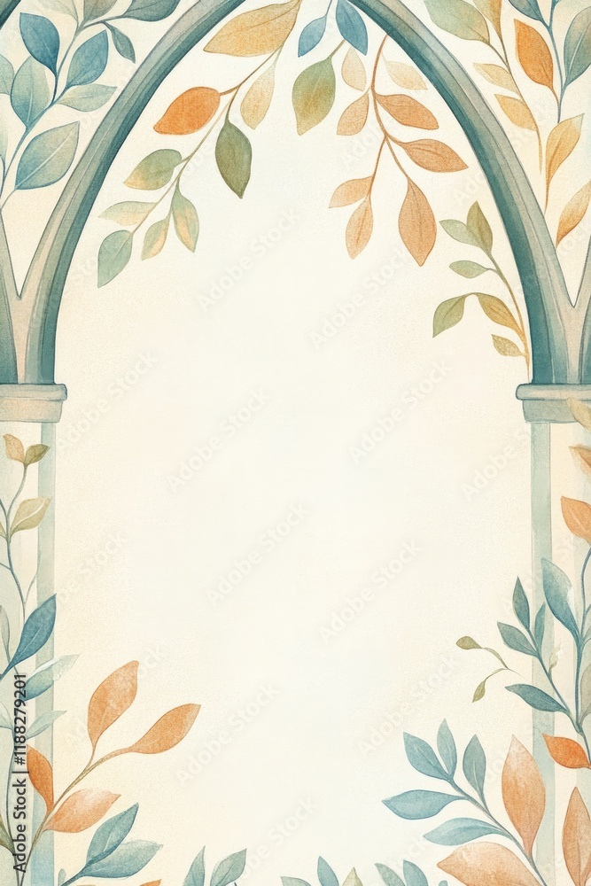 Poster delicate arch adorned with soft leaves, creating serene atmosphe