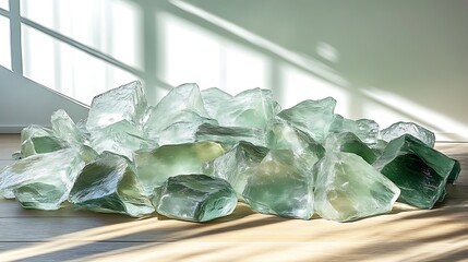 Green Glass Fragments Clustered on Wooden Floor