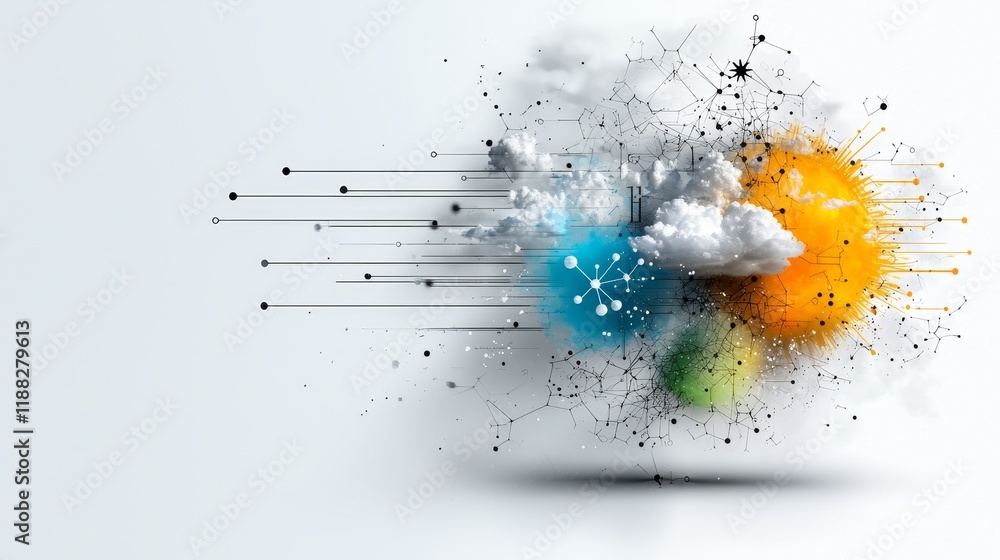 Poster abstract network with cloud elements and geometric shapes in technology theme