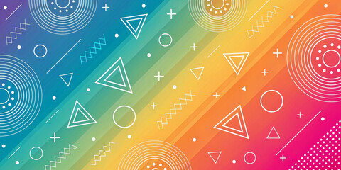 Obraz premium The vivid gradient background smoothly transitions from blue to red, decorated with geometric shapes such as circles and triangles. The composition contains dynamic lines and patterns.AI