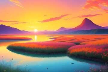 Obraz premium Beautiful and Peaceful Nature Scenery Illustration Landscape Countryside Tranquil Vibrant and Colorful