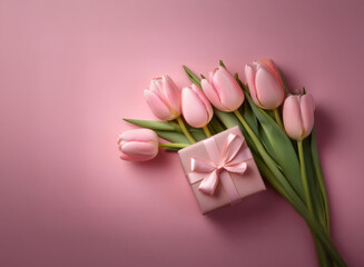 Fototapeta premium A delicate bouquet of pale pink tulips rests beside a small, pink gift box tied with a satin ribbon, all set against a matching pink background. A lovely spring scene perfect for a gift.
