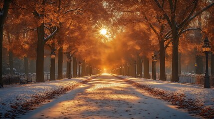 Sunlit Pathway Through Snowy Autumn Trees
