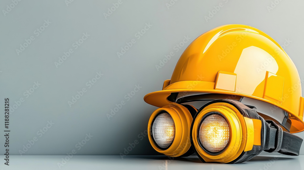 Poster safety aspects, a detailed 3d rendering of a hard hat with an attached headset, showcasing high fide