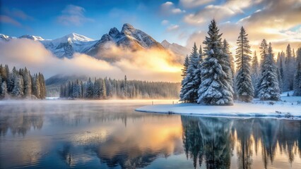 Fototapeta premium Snowy mountain landscape with frozen lake and pine trees, early morning mist, pine trees, landscape, pine trees