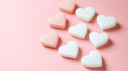Pink and white heart shaped marshmallows arranged on pink background