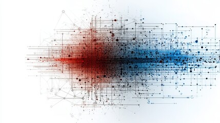 Abstract data network: red and blue symmetrical digital connections
